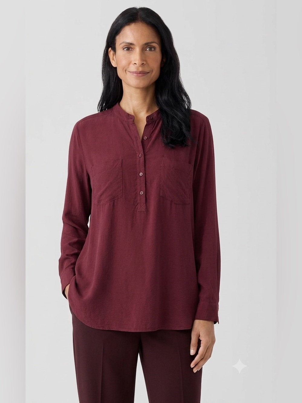 Eileen Fisher Silk 100% Long Sleeve Burgundy Artsy Blouse , Large